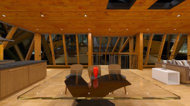 Camdan duvar çatı katının 3 boyutlu görüntüsü