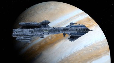 3D rendering of a spaceship and the planet