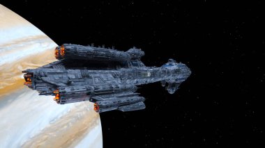 3D rendering of a spaceship and the planet