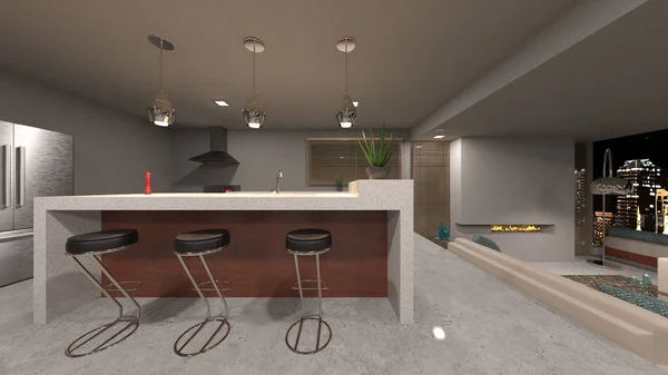 客厅和餐厅的3D渲染 — 图库照片