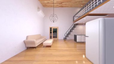 Oturma odası ve yemek mutfağının 3 boyutlu canlandırması