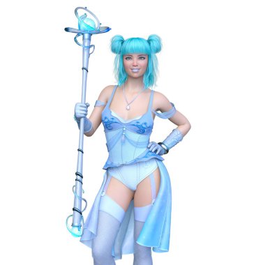 Sihirli değnekli bir kadının 3 boyutlu görüntüsü