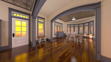 Oturma odası ve yemek mutfağının 3 boyutlu canlandırması