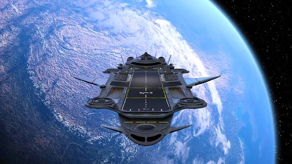Rendering Eines Raumschiffs Und Der Erde — Stockfoto