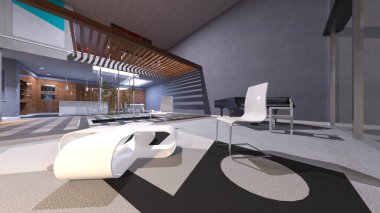 Oturma odası ve yemek mutfağının 3 boyutlu canlandırması