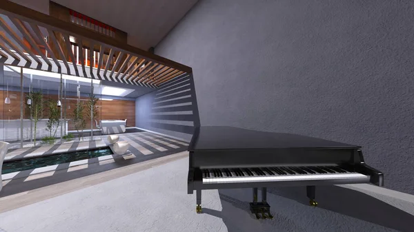 用大钢琴对客厅进行三维渲染 — 图库照片