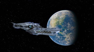 Bir uzay gemisinin ve Dünya 'nın 3 boyutlu canlandırması