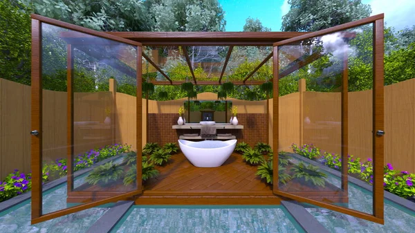 露天浴池的3D渲染 — 图库照片