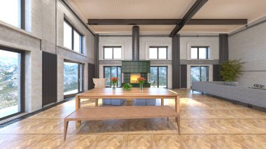 Oturma odasının şömineli 3D görüntüsü.