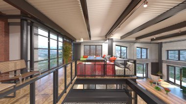 Oturma odasının şömineli 3D görüntüsü.