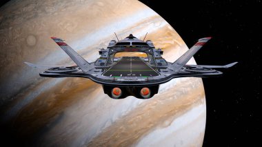 3D rendering of a spaceship and the planet