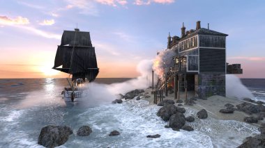 Bir yelkenli tekne ve kayıkhanenin 3 boyutlu canlandırması