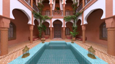 Yüzme havuzlu otelin 3D görüntüsü.