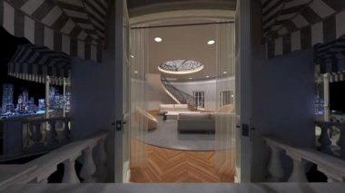 Oturma odasının gece görüşlü 3D görüntüsü