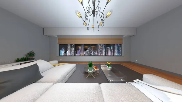 Rendering Living Room Night View — Fotografia de Stock