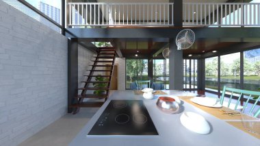 Büyük pencereli yemek odasının 3 boyutlu görüntüsü