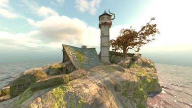 Issız ada evinin 3D görüntüsü