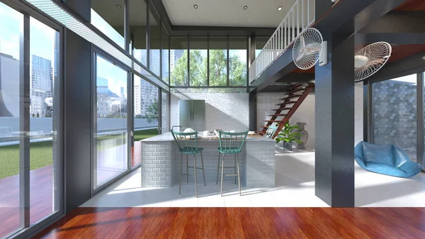 Rendering Dining Room Large Windows — Photo