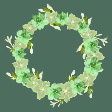   Wreath, frame of violets and hosta flowers on a dark green background