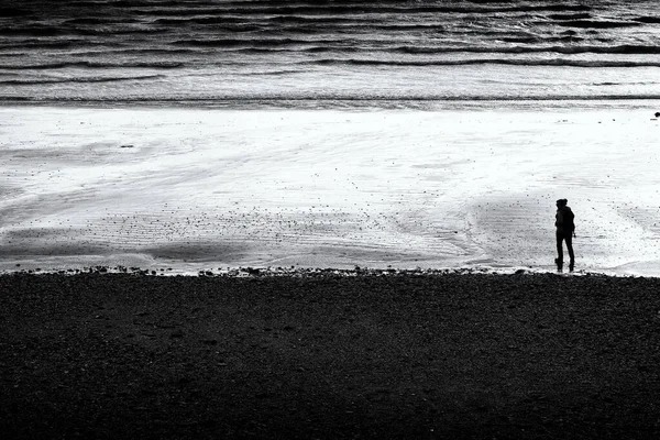 Dramatic Black White Shot Silhouette Person Walking Sandy Beach — Foto Stock