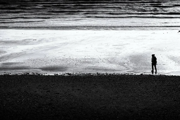 Dramatic Black White Shot Silhouette Person Walking Sandy Beach — Stock Photo, Image