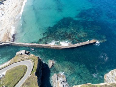 portreath harbour on a sunny day cornwall england uk aerial drone 