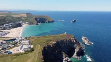 portreath harbour and beach Cornwall England uk aerial drone 