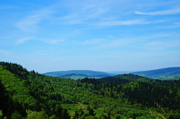 Pohled Ukrajinské Karpaty Pokryté Zeleným Lesem Pod Modrou Oblohou Jarní — Stock fotografie
