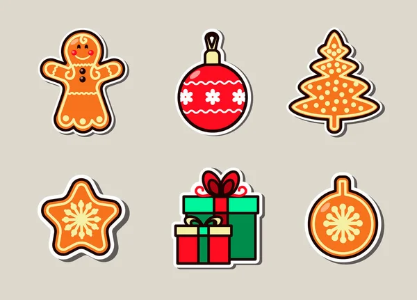 Noel hediyeleri ve hediye ikonları. Zencefilli çörek adam, Noel kurabiyeleri, hediyeler ve parlak bir Noel balosu. Set tatil kartlarını, sürprizleri ve hediyeleri süslemek için kullanılabilir. Favori Noel karakterlerinin vektör çizimi.