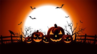 Cadılar Bayramı partinin düz pankart şablonu kutlu olsun. Ekim bayramı davet kartı tasarımı. Balkabağı, ay ve harflerle dolu korkunç, ürkütücü bir karikatür. Helloween yatay posteri