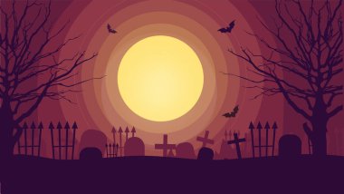 Cadılar Bayramı partinin düz pankart arka planı kutlu olsun. Ekim bayramı davet kartı tasarımı. Korkunç, ürkütücü bir karikatür geçmişi var. Ay ve mezarlık. Helloween yatay posteri