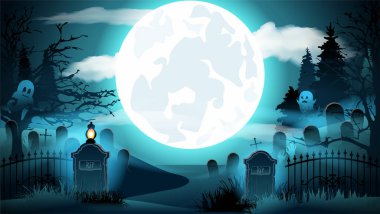 Cadılar Bayramı partinin düz pankart arka planı kutlu olsun. Ekim bayramı davet kartı tasarımı. Korkunç, ürkütücü bir karikatür geçmişi var. Ay ve mezarlık. Helloween yatay posteri