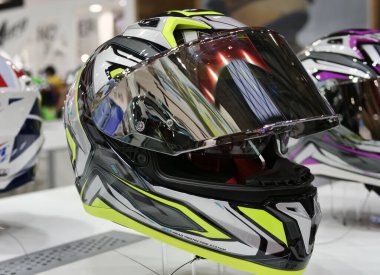 Elmets exposed at EICMA, international motorcycle exhibition, Lombardy, Italy.