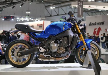 Motorbikes and accessories exposed at EICMA, international motorcycle exhibition, Lombardy, Italy.