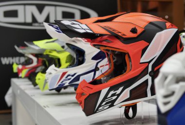 Elmets exposed at EICMA, international motorcycle exhibition, Lombardy, Italy.