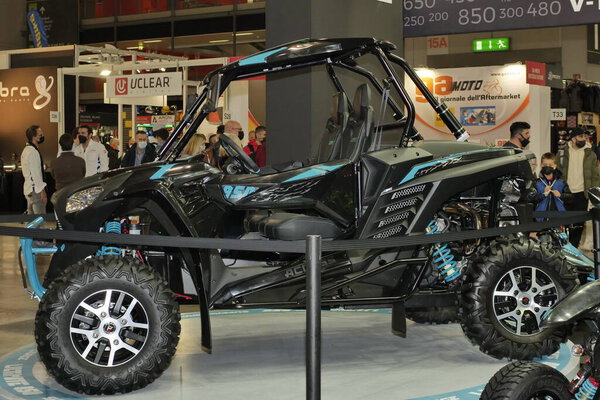 Motorbikes and accessories exposed at EICMA, international motorcycle exhibition, Lombardy, Italy.