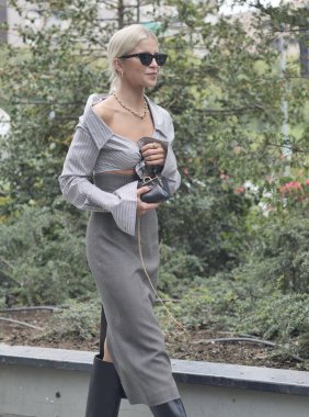 Caroline Daur street style outfit before Fendi fashion show during Milano fashion week fall/winter collections