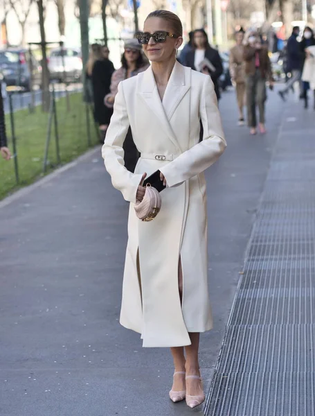 Fashion blogger Caroline Daur walking in the street before Fendi fashion show during Milano fashion week woman fall/winter collections