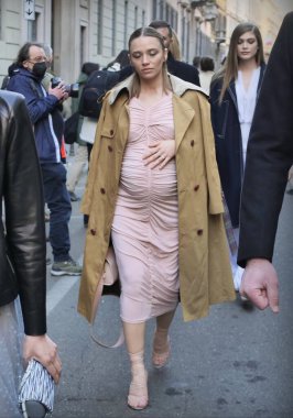 Isabella Poti walking in the street before Armani fashion show during Milano fashion week fall/winter woman collections 2022