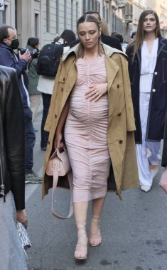 Isabella Poti walking in the street before Armani fashion show during Milano fashion week fall/winter woman collections 2022