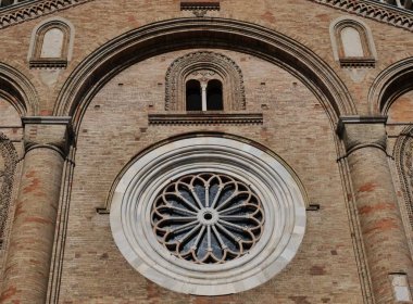  Rose window on facade of medieval Crema Dome, in Cremona province, Lombardy, Italy