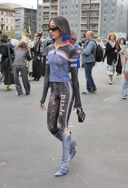 Moda Blogger Street Style Outfit Antes Desfile Moda Diesel Durante — Fotografia de Stock