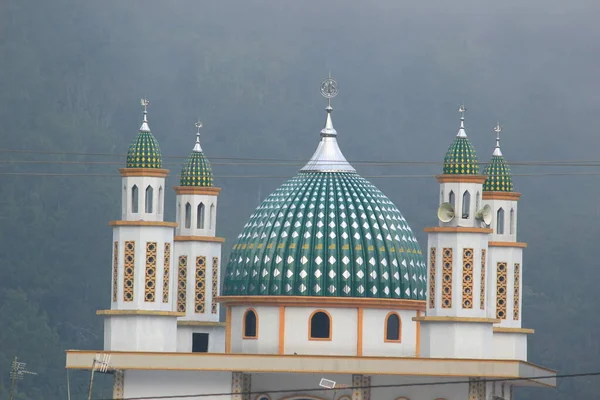 Cami Minareleri Kubbe Mimarisi Karakteristik Sanatsal Binalar Sis Orman Arka — Stok fotoğraf