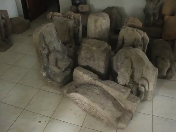Statyer Yoni Fallos Och Tempel Stenar Från Kailasa Dieng Museum — Stockvideo