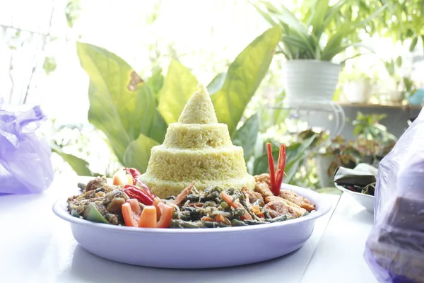 Variety Delicious Indonesian Tumpeng Side Dishes Tumpeng Rice Usually Used — стоковое фото