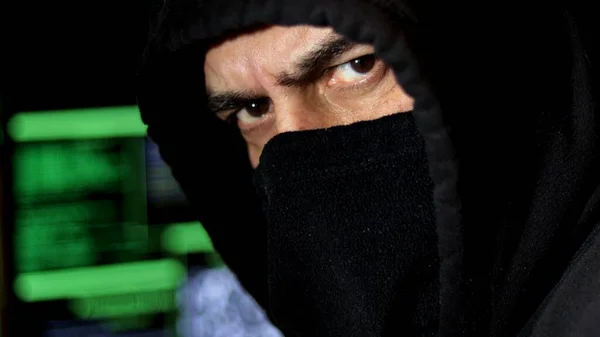 Close Cyber Hacker Hood Covered Face Looks Camera Serious Look — Stock Photo, Image