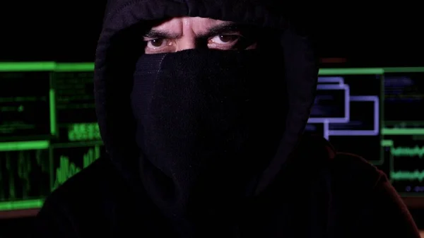 Close Cyber Hacker Hood Covered Face Looks Camera Serious Look — Fotografia de Stock