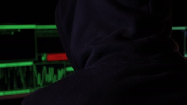 Cyber Hacker Hoodie Examines Data Access Secure Systems Stealing Money — Vídeo de Stock