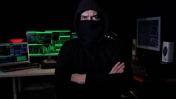 Cyber Hacker Hood Covered Face Looks Camera Serious Look Cyber — Stockfoto