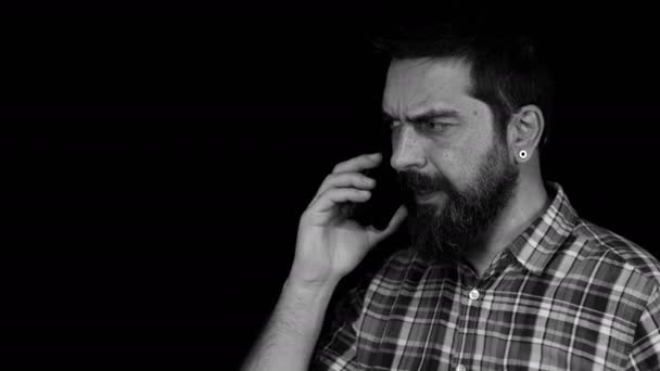 Man Beard Talking Phone Screaming Shouting Angry Furious Black Background — Stock Video